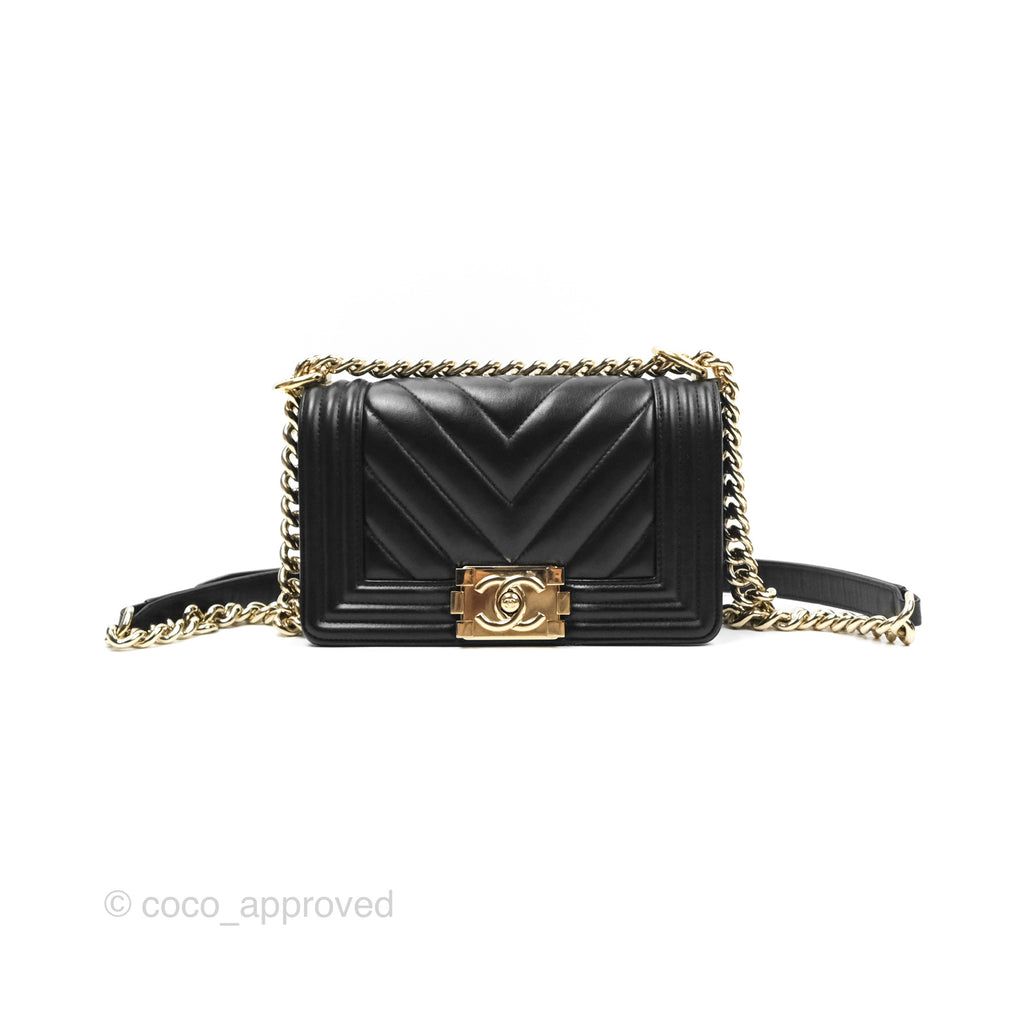 Chanel Chevron Small Boy Black Calfskin Gold Hardware