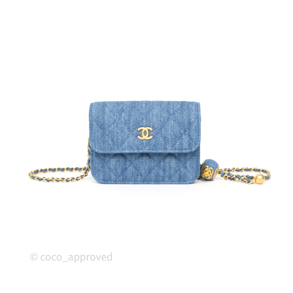 Chanel Mini Pearl Crush Clutch With Chain Belt Bag Denim Aged Gold Hardware