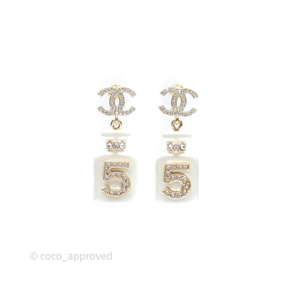 Chanel Crystal CC No5 Perfume Bottle Drop Earrings Gold Tone 22S