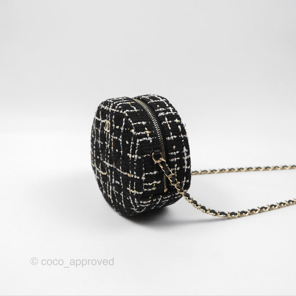 Chanel Classic Quilted Round Clutch With Chain Black Tweed Gold Hardware