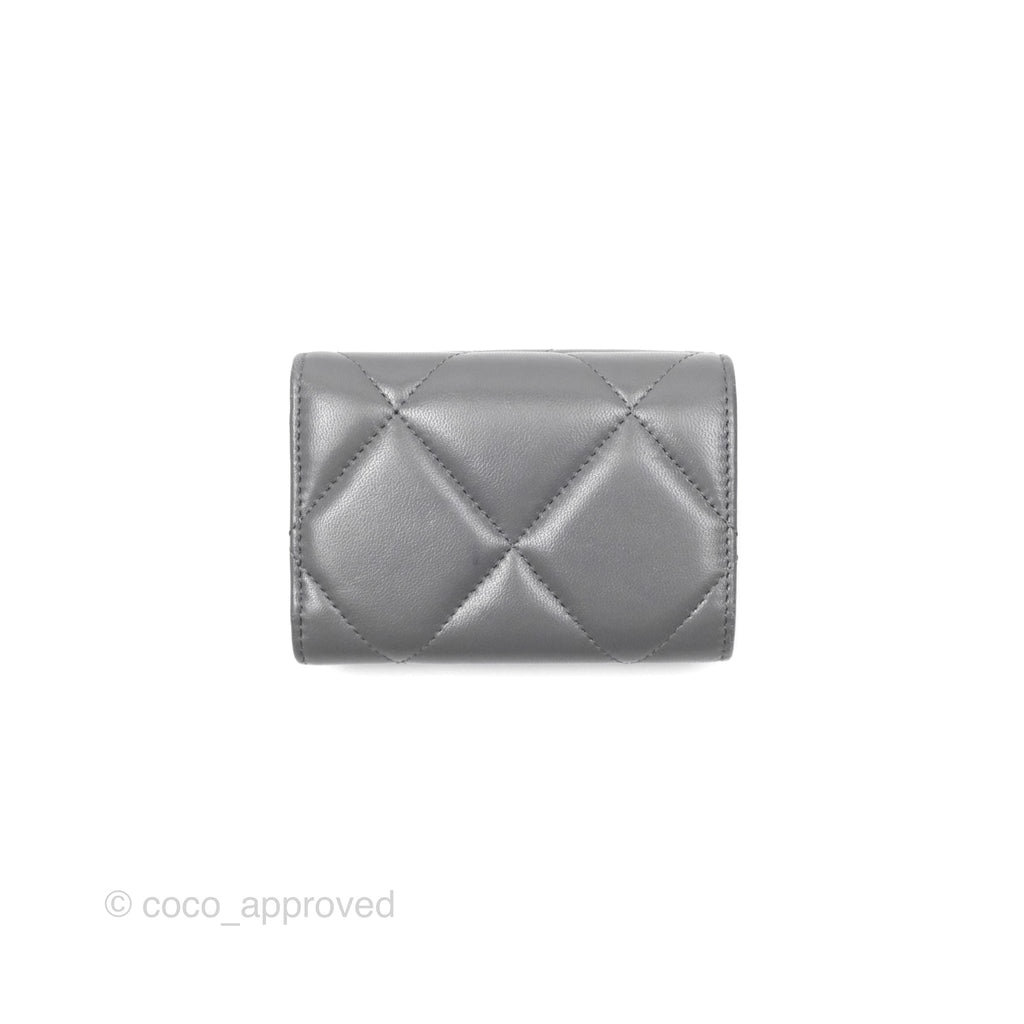 Chanel 19 Grey Short Trifold Wallet Lambskin Silver Hardware