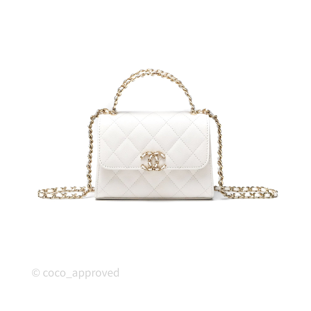 Chanel Small Top Handle Clutch with Chain White Caviar Light Gold Hardware 23P