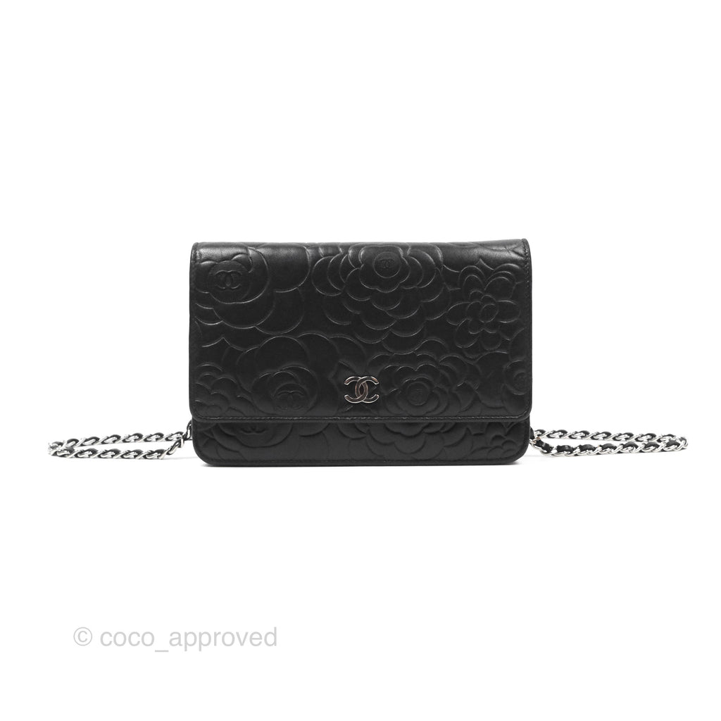 Chanel Camellia Embossed Wallet on Chain WOC Black Lambskin Silver Hardware