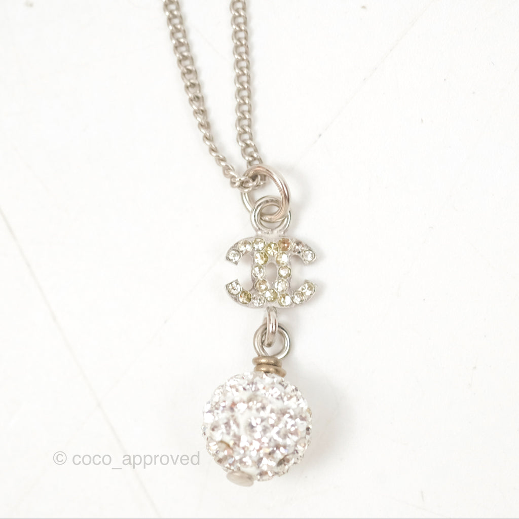 Chanel Crystal CC Pearl Drop Necklace Silver Tone 11P