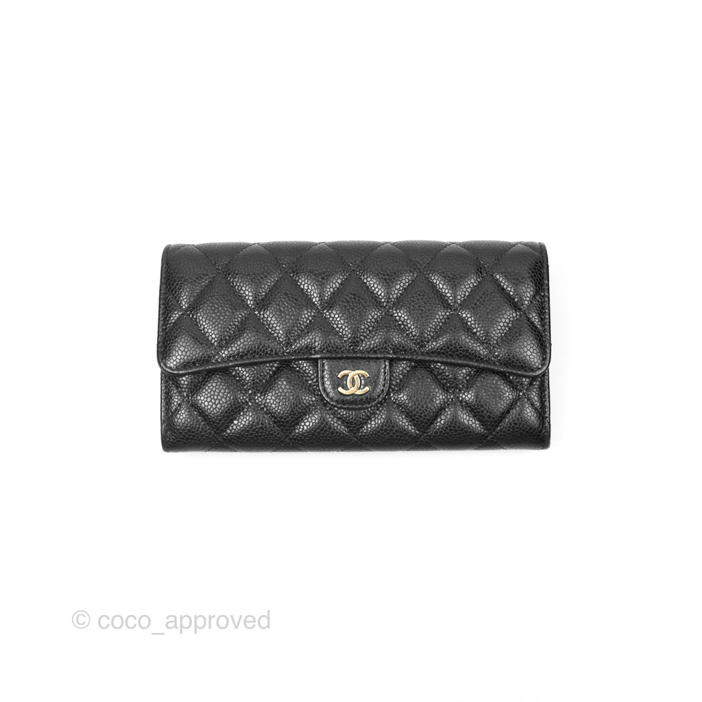 Chanel Classic Quilted Zip Long Wallet Black Caviar Gold Hardware