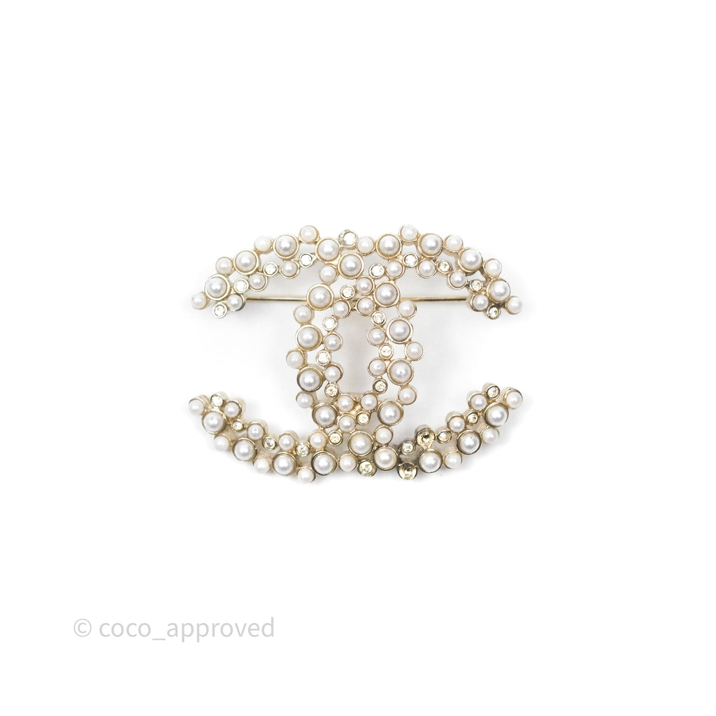 Chanel Pearl Crystal CC Logo Brooch Gold Tone 19B