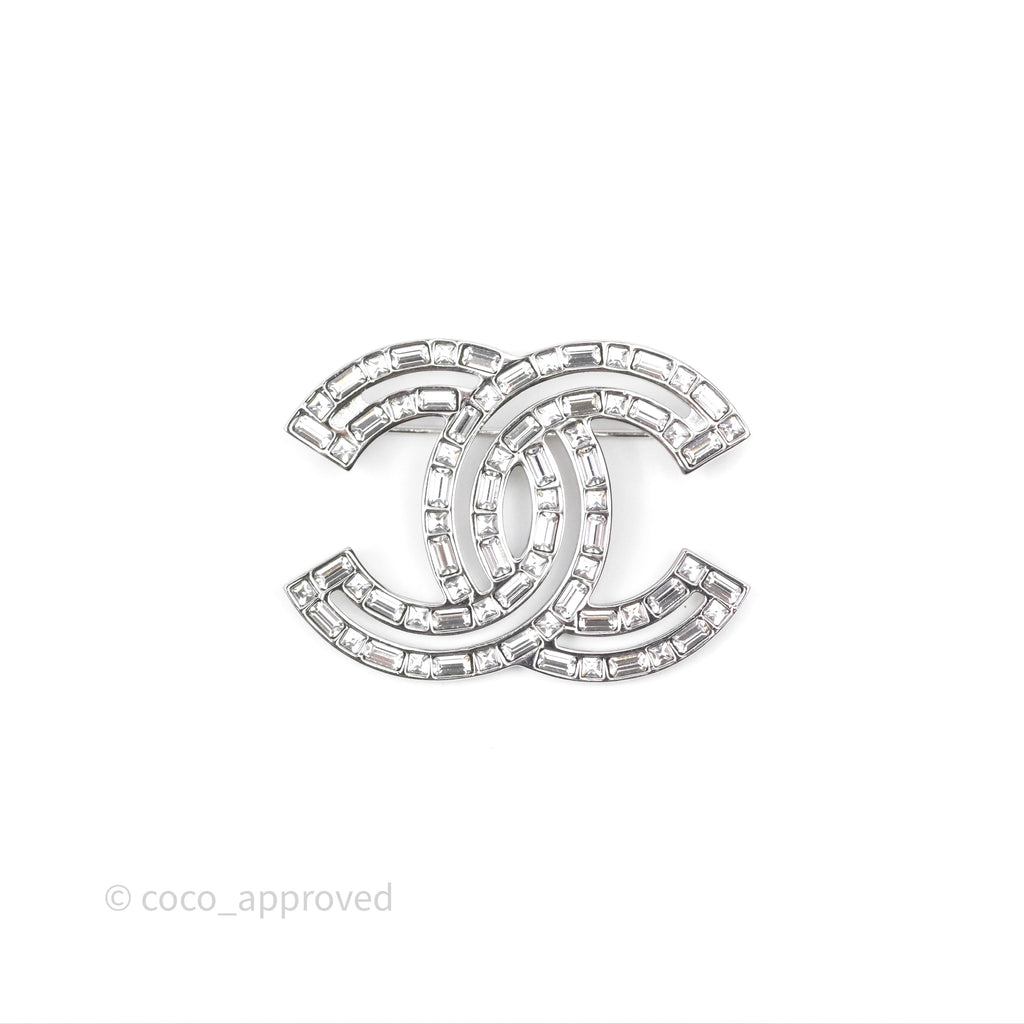 Chanel Crystal CC Brooch Silver Tone 22P