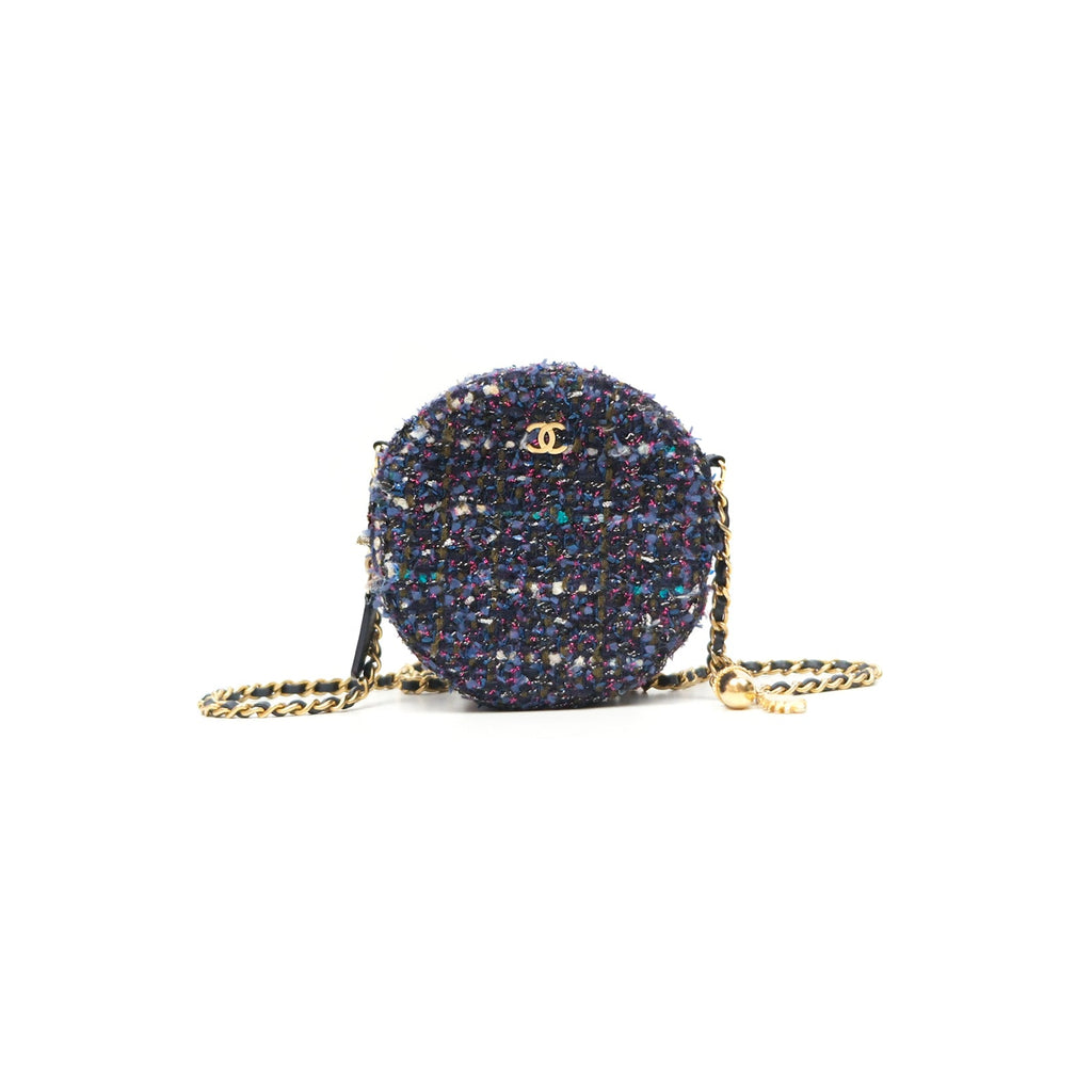 Chanel Classic Quilted Round Clutch With Chain Navy Tweed Gold Hardware