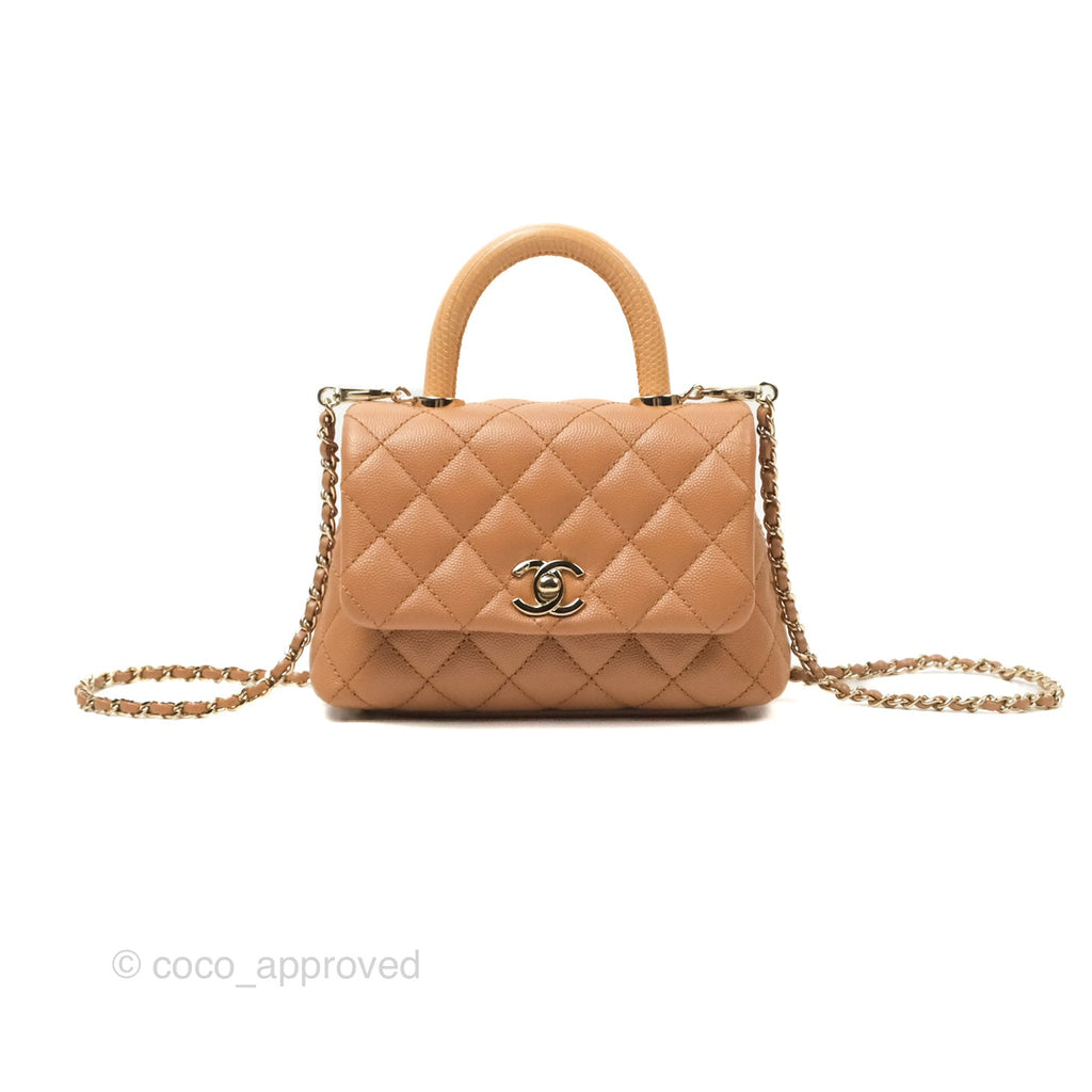 Chanel Mini Coco Handle Dark Beige Caviar Lizard Handle Gold Hardware