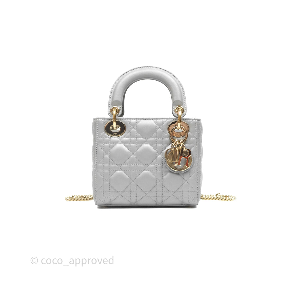 Christian Dior Mini Lady Dior Iridescent Grey Lambskin Cannage Gold Hardware