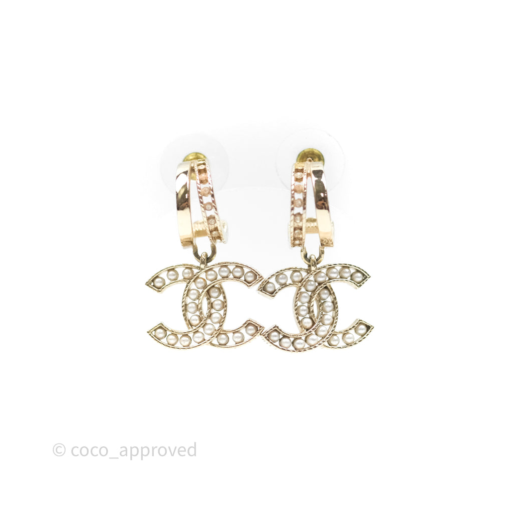 Chanel Pearl CC Crystal Double Hoop Earrings Gold Tone 21B