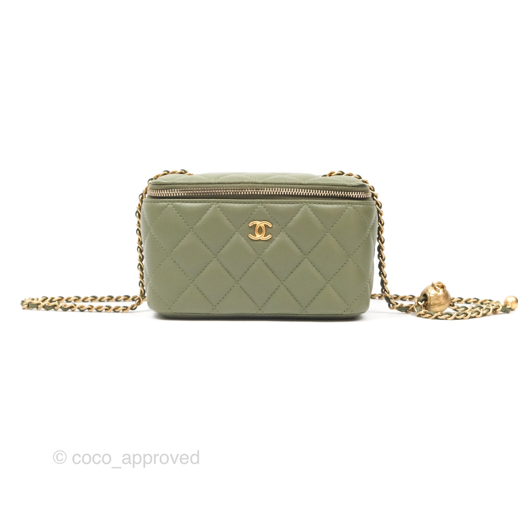 Chanel Pearl Crush Vanity With Chain Olive Green Lambskin Aged Gold Hardware