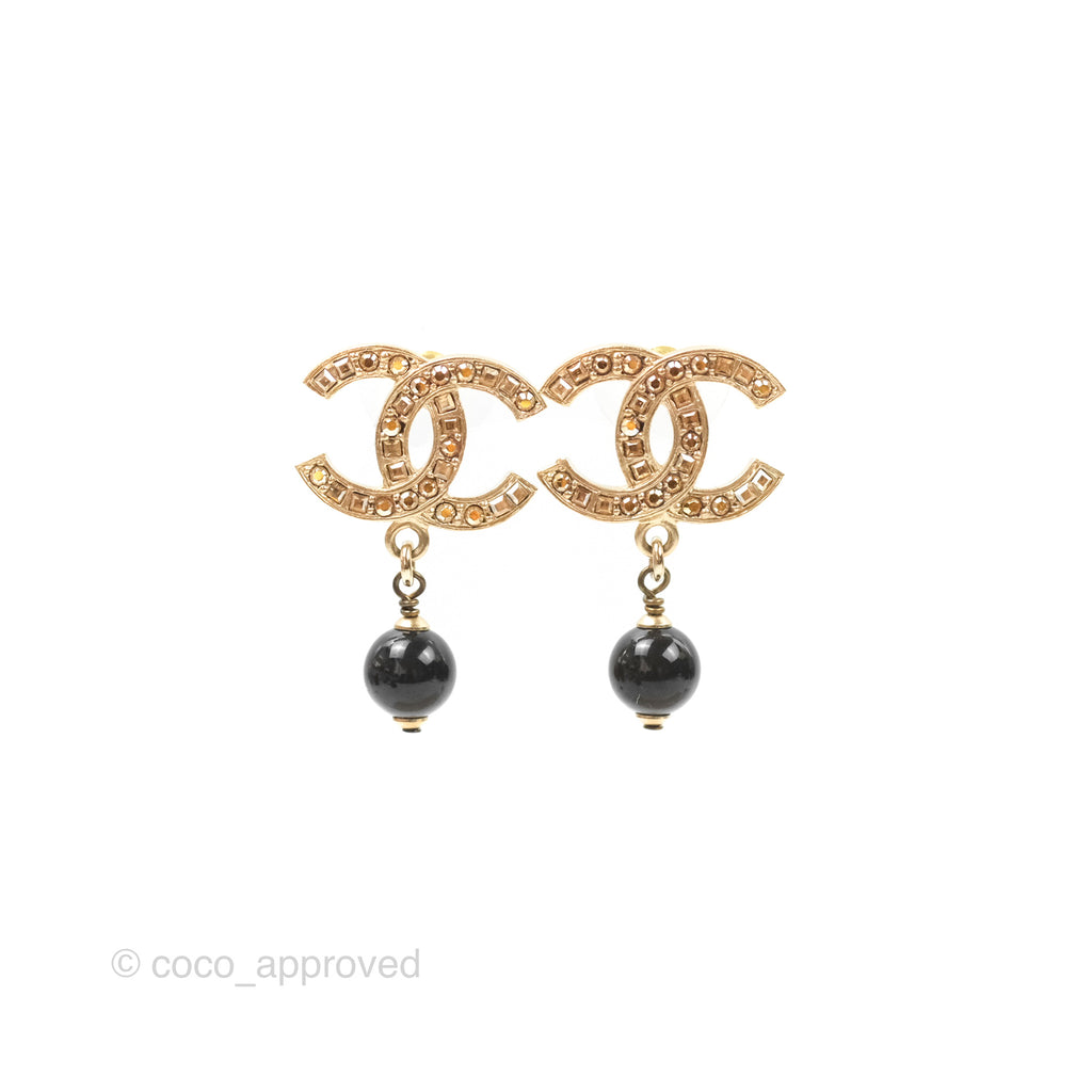 Chanel Champagne Crystals CC Black Bead Drop Earrings Gold Tone 21S