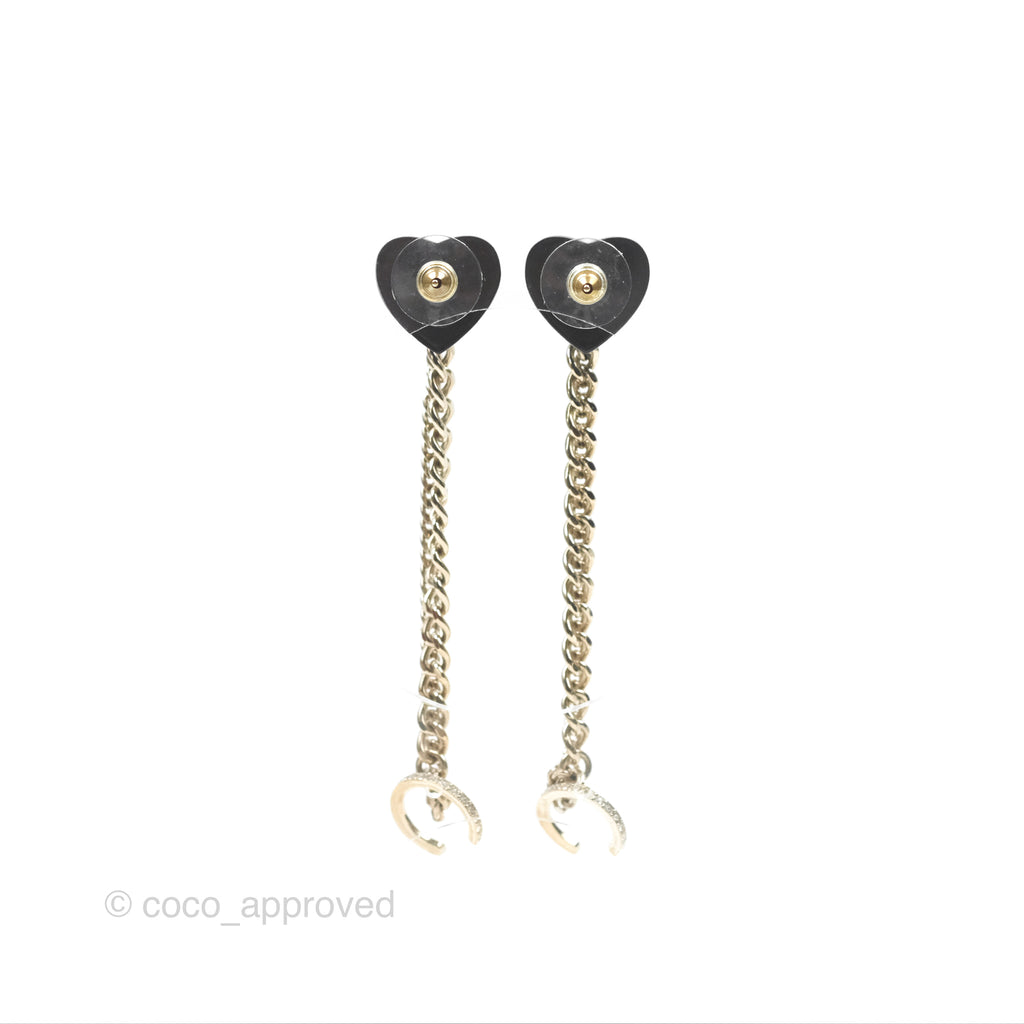 Chanel Crystal CC Black Heart Chain Drop Earrings Gold Tone 22B 