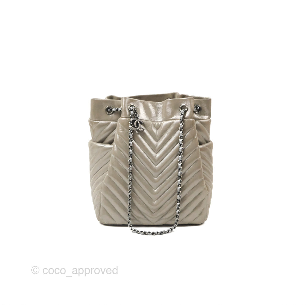 Chanel Small Urban Spirit Drawstring Bag Chevron Iridescent Silver Calfskin