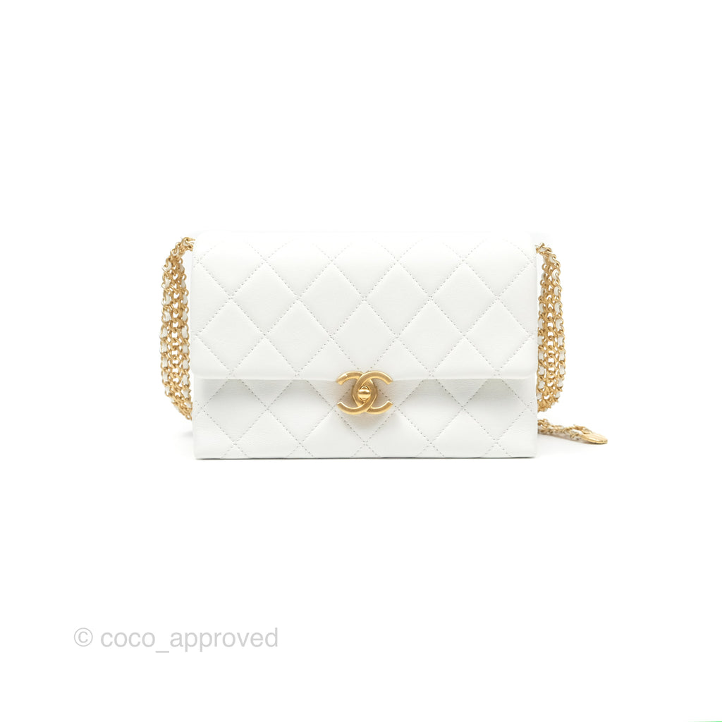 Chanel Adjustable Belt Flap Bag White Calfskin Aged Gold Hardware