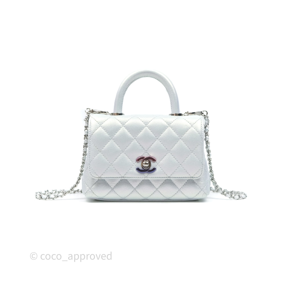 Chanel Mini Coco Handle Quilted Iridescent Light Blue Caviar Rainbow Hardware