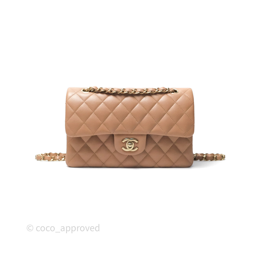 Chanel Small Classic Quilted Flap Dark Beige Caviar Gold Hardware