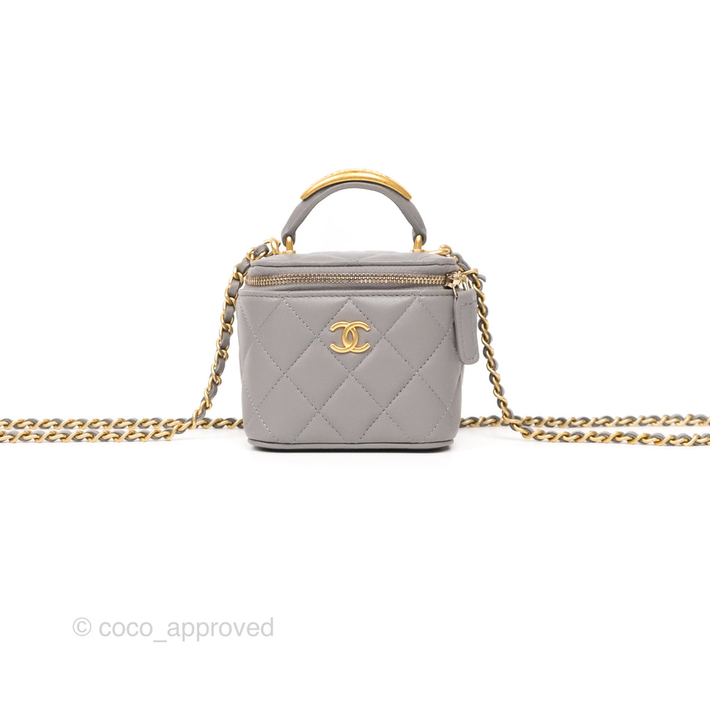 Chanel Mini Metal Top Handle Vanity With Chain Grey Lambskin Aged Gold Hardware