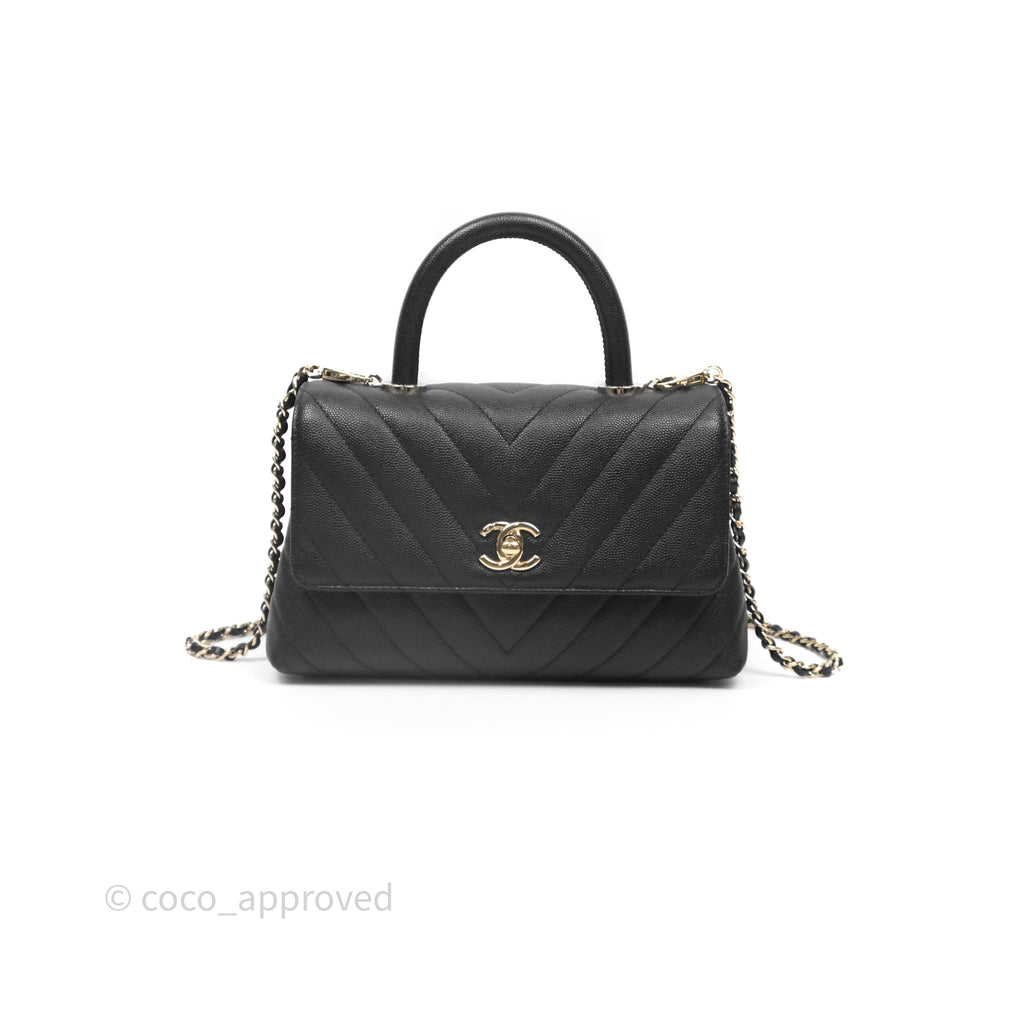Chanel Small Coco Handle Chevron Black Caviar Gold Hardware Lizard Handle