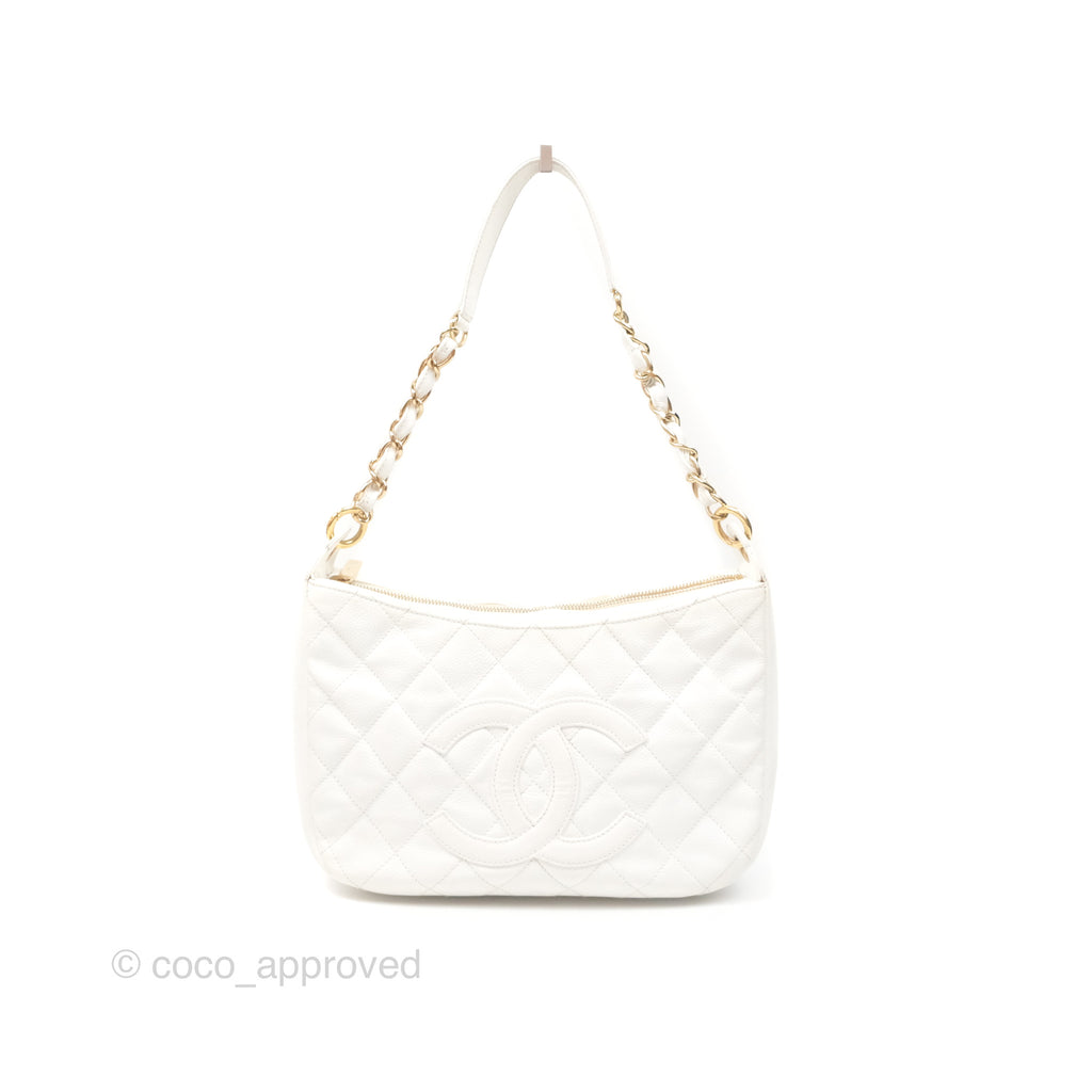 Chanel Vintage CC Quilted Shoulder Bag White Caviar Gold Hardware