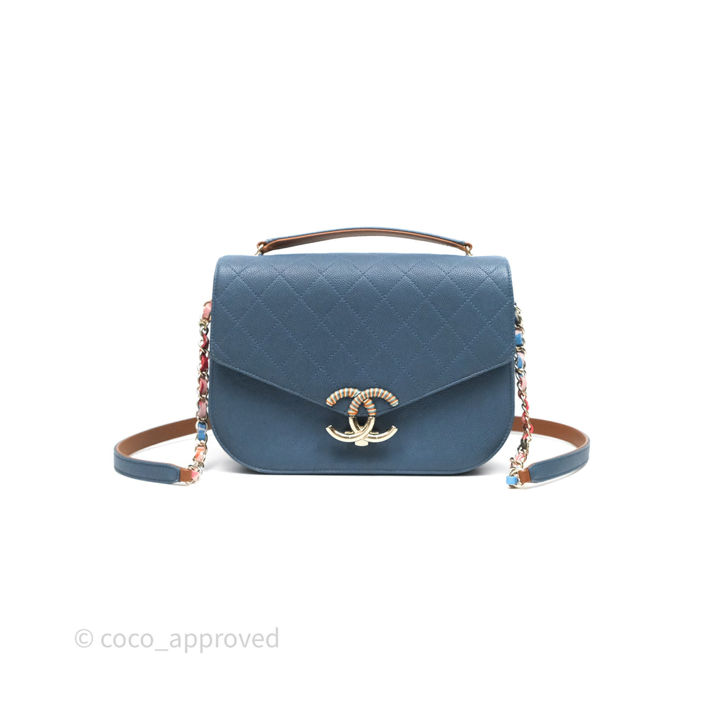 Chanel Medium Cuba Top Handle Flap Bag Blue Caviar Gold Hardware