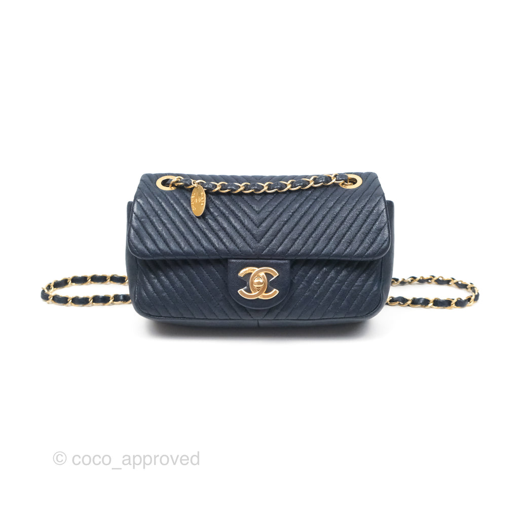 Chanel Small Chevron Surpique Flap Navy Calfskin Aged Gold Hardware