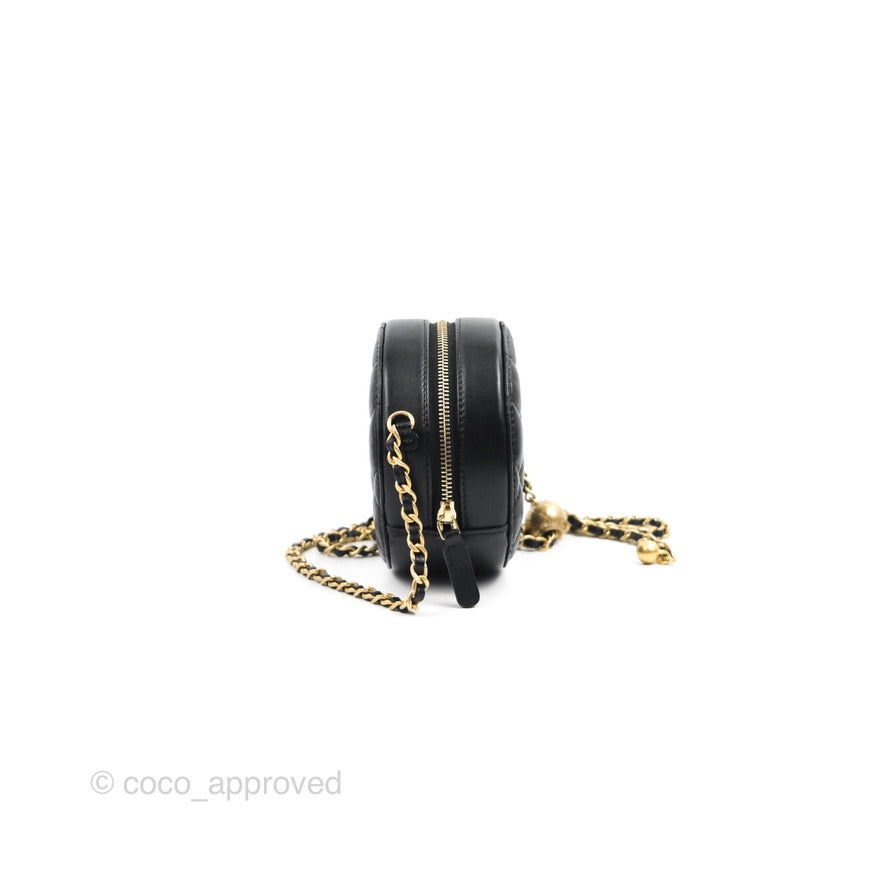 Chanel Pearl Crush Round Clutch With Chain Black Lambskin Aged