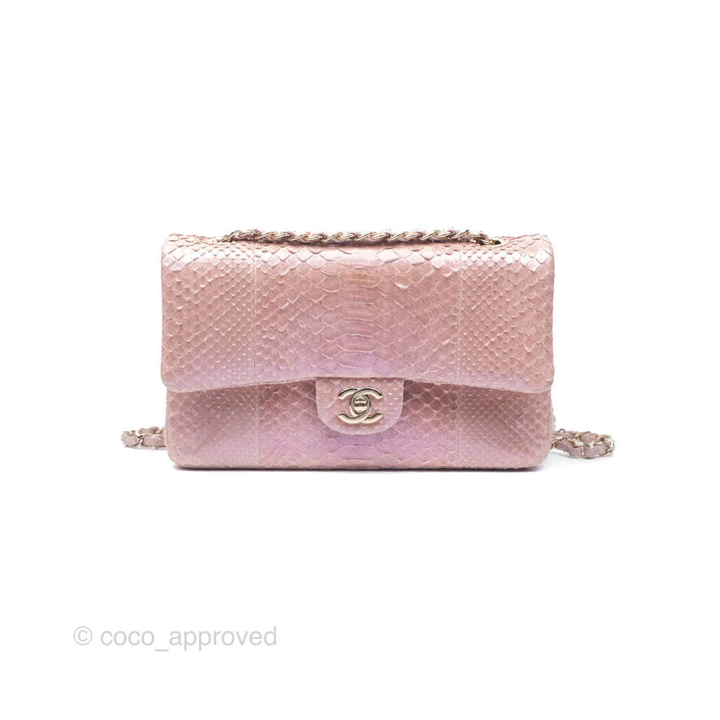 Chanel Classic M/L Medium Flap Quilted Iridescent Pink Python Gold Hardware