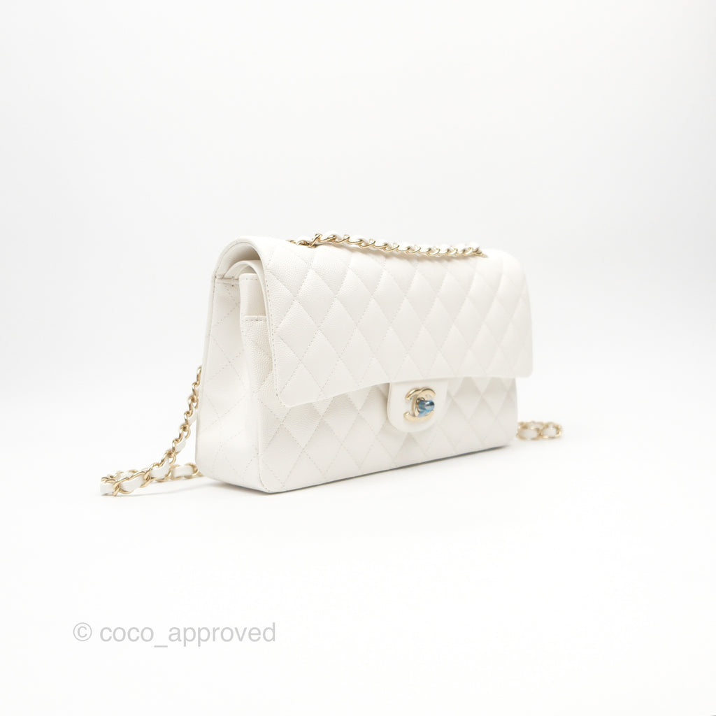 Chanel Classic M/L Medium Flap Quilted White Caviar Gold Hardware