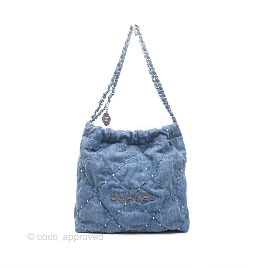 Chanel 22 Small Pearl Studded Denim Silver Hardware