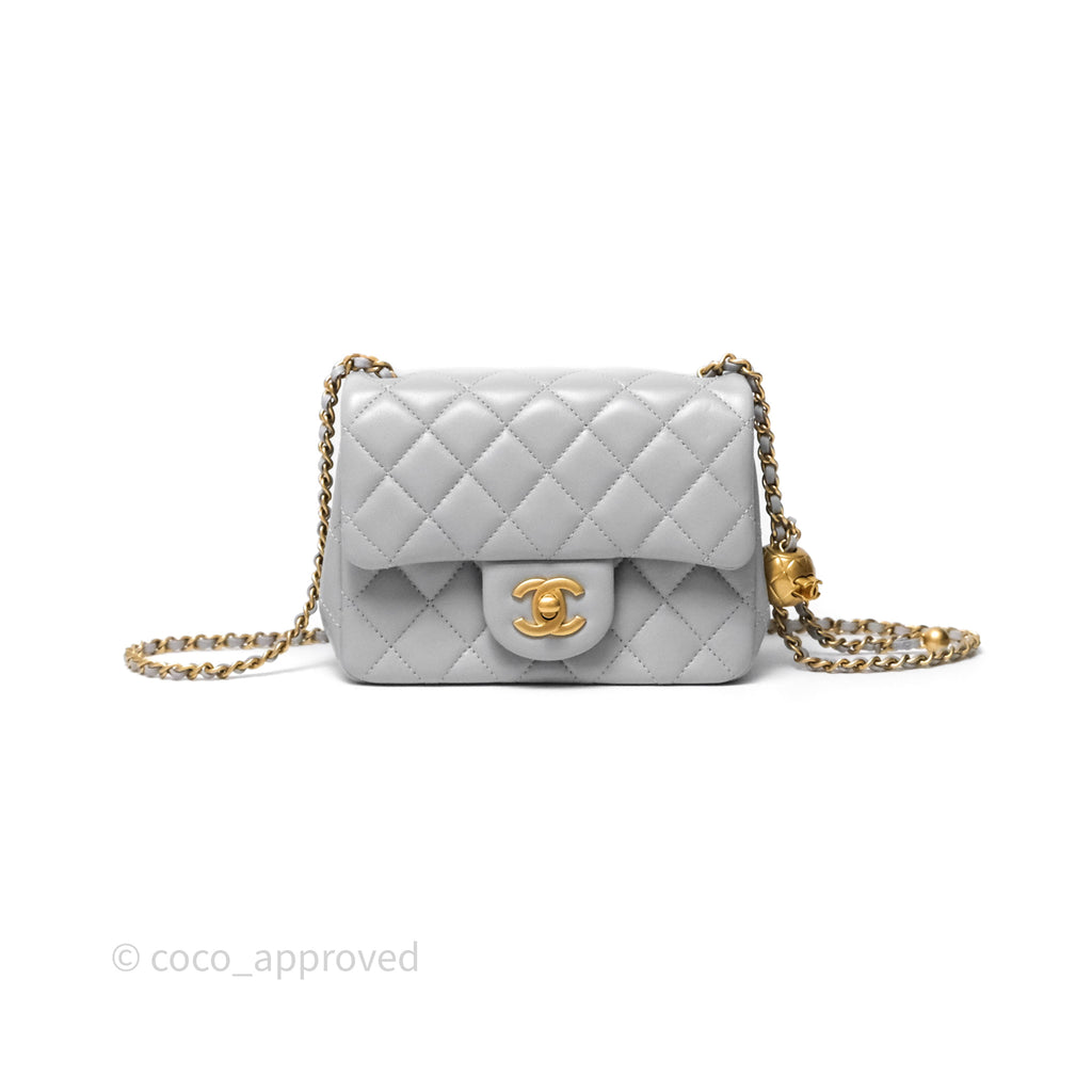 Chanel Mini Square Pearl Crush Quilted Grey Lambskin Aged Gold Hardware