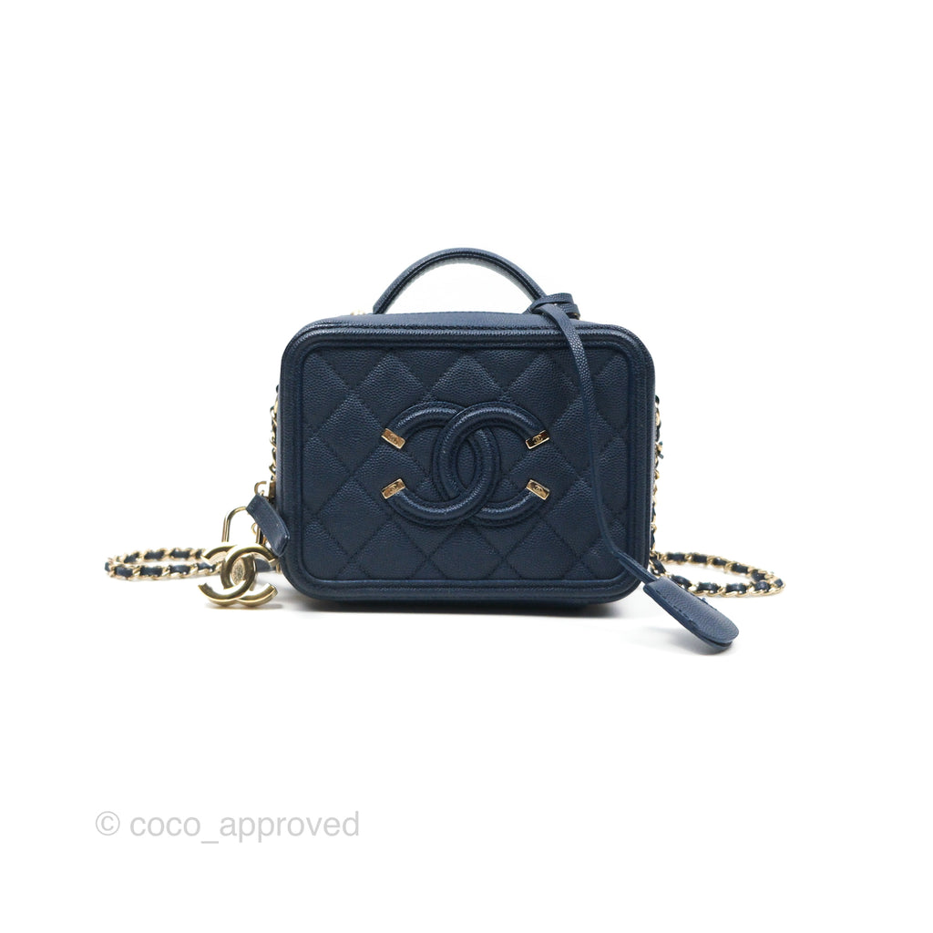 Chanel Quilted Small CC Filigree Vanity Case Navy Caviar Gold Hardware