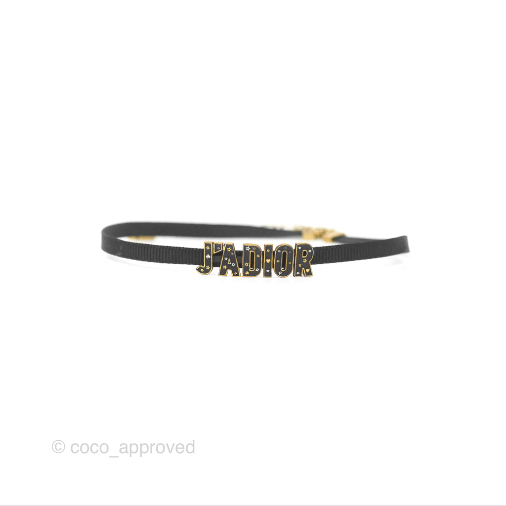 Dior J'adior Ribbon Choker Necklace Black Aged Gold Tone