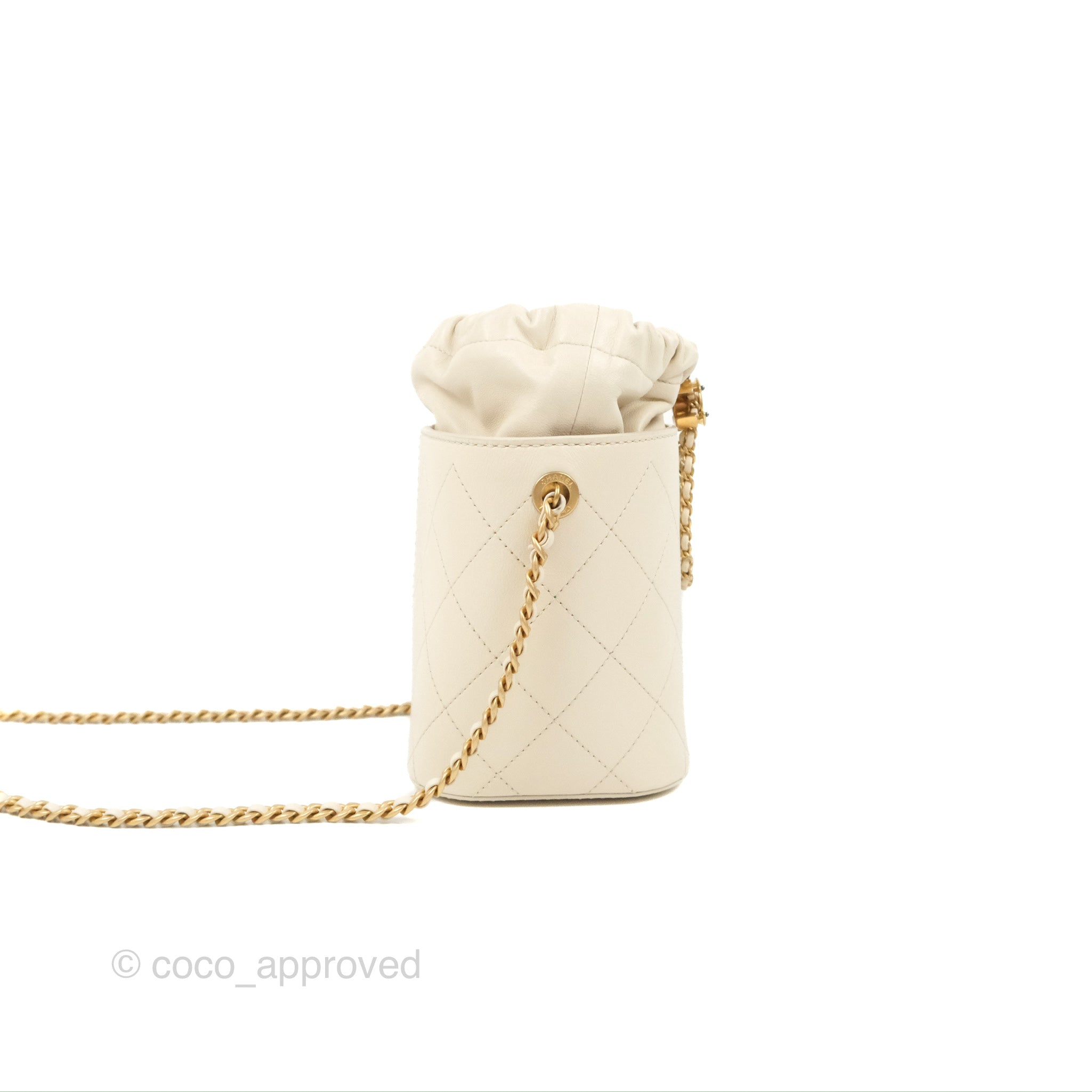 Chanel Quilted Drawstring Bucket Bag Ivory Lambskin Aged Gold
