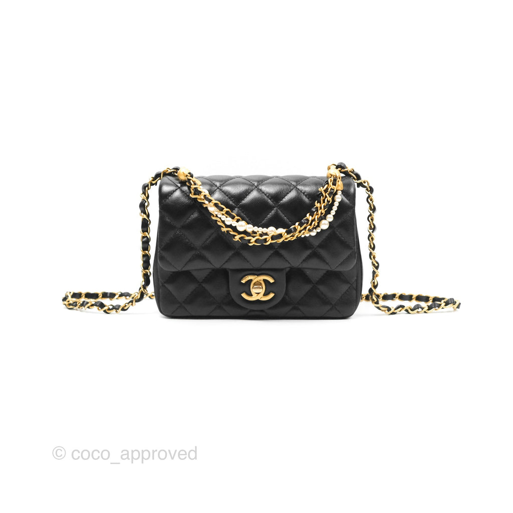 Chanel Mini Flap Bag with Pearl Chain Black Shiny Lambskin Aged Gold Hardware 24P