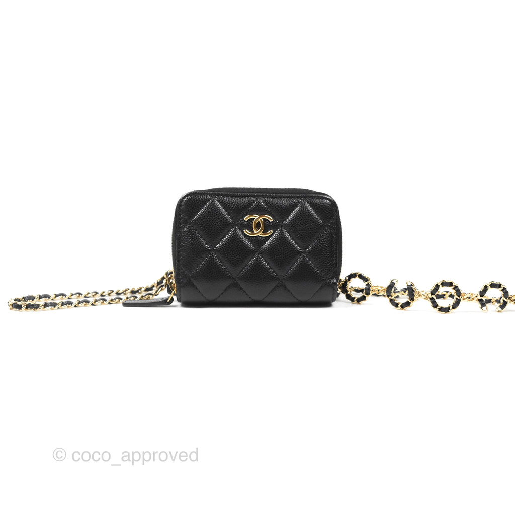 Chanel Miss Coco Quilted Zip Card Holder on Chain Black Caviar Gold Hardware