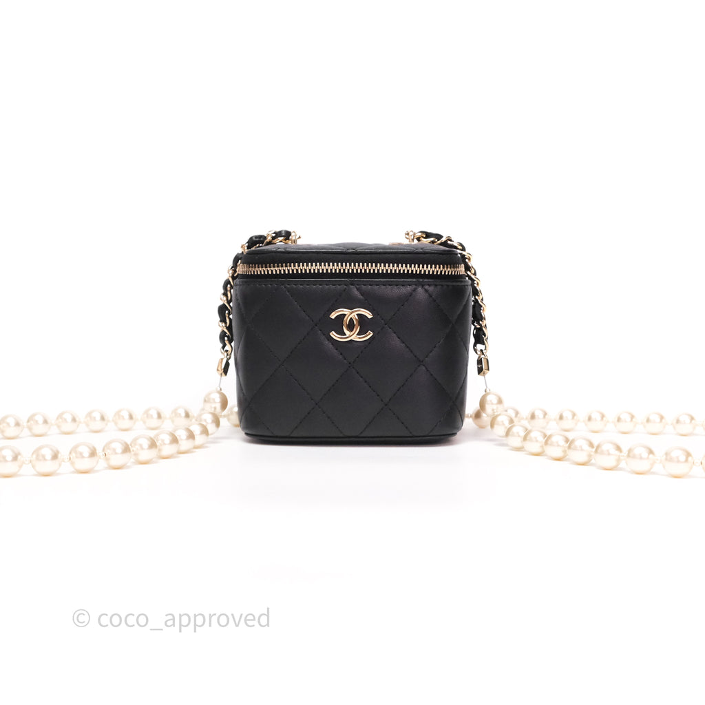 Chanel Mini Vanity With Pearl Chain Black Lambskin Gold Hardware