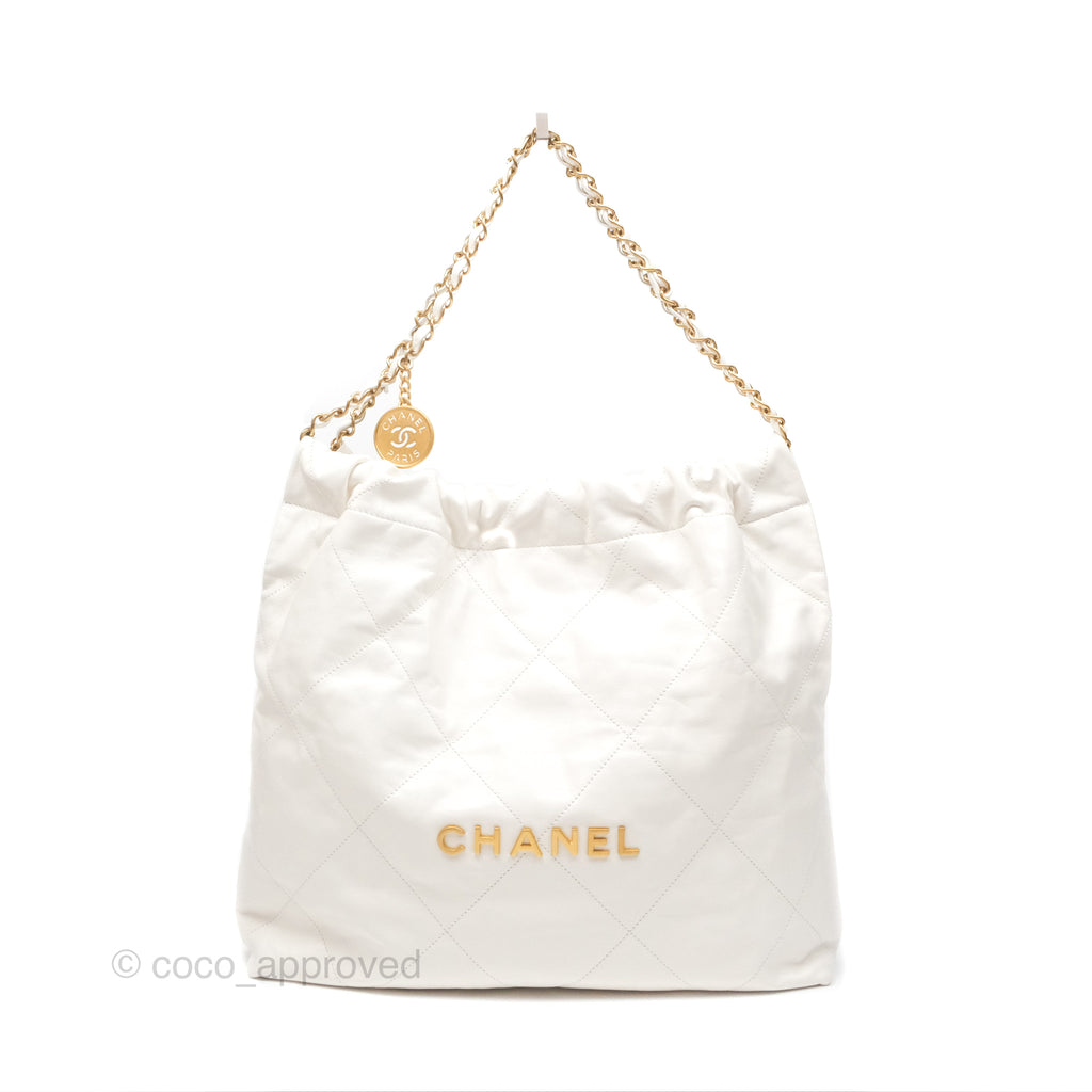 Chanel 22 Medium White Shiny Calfskin Aged Gold Hardware