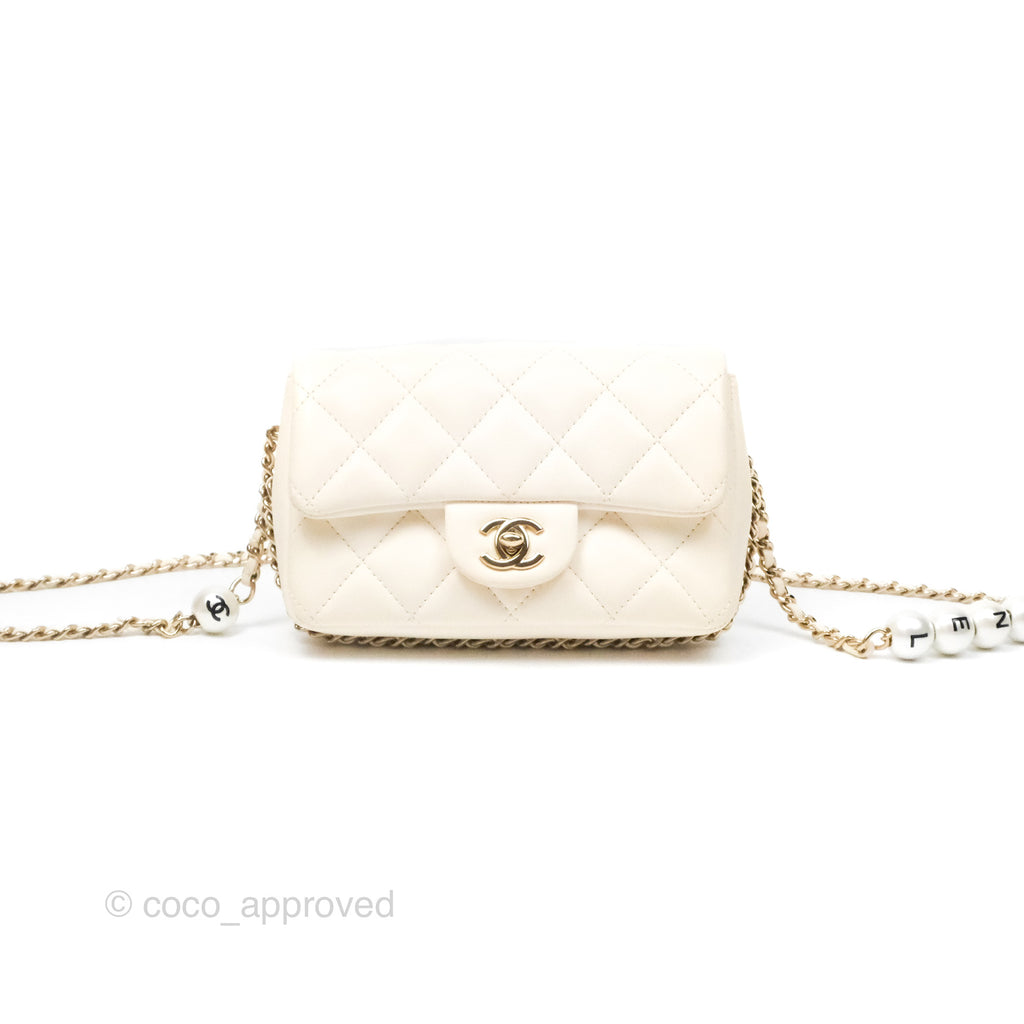 Chanel Small Logo Pearl Chain Flap Bag White Lambskin Gold Hardware