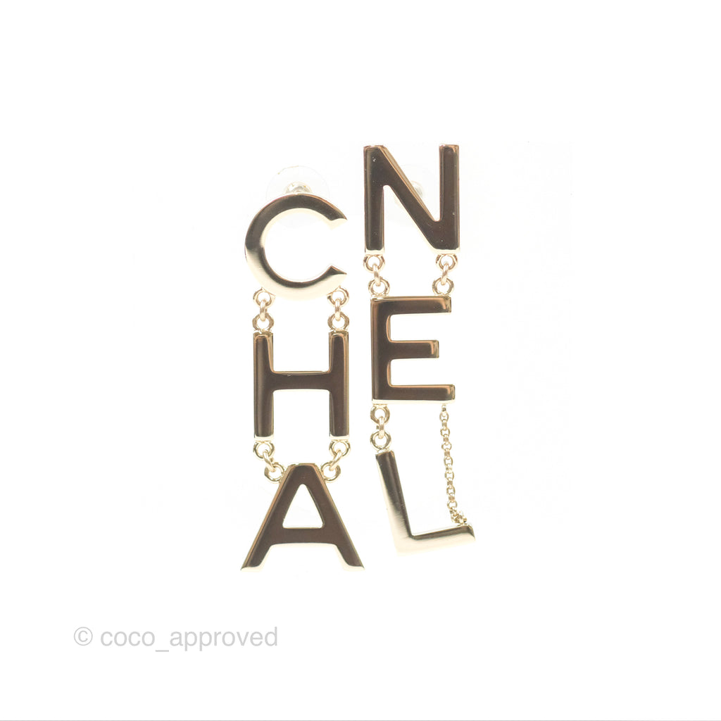 Chanel Letter Cha-Nel Logo Drop Earrings Gold Tone 20V