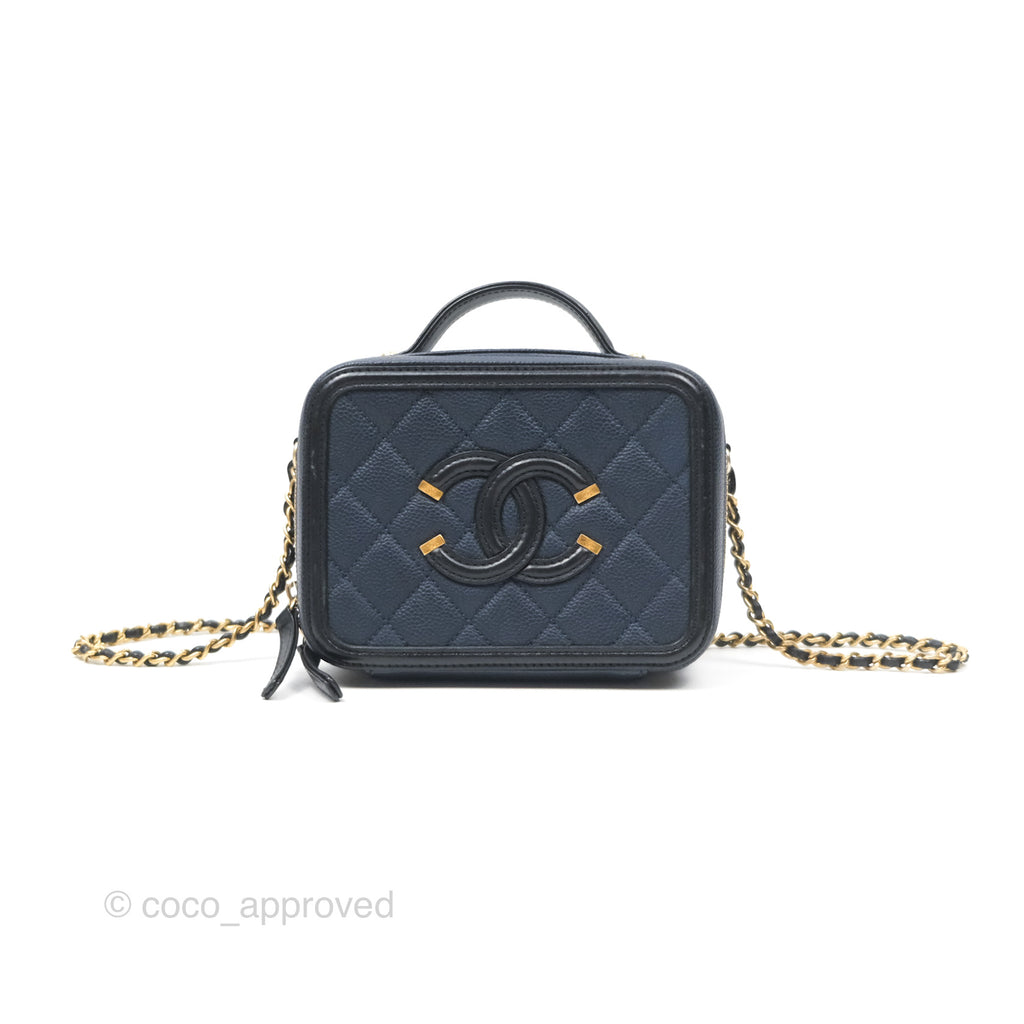 Chanel Quilted Small CC Filigree Vanity Case Navy Black Caviar Gold Hardware