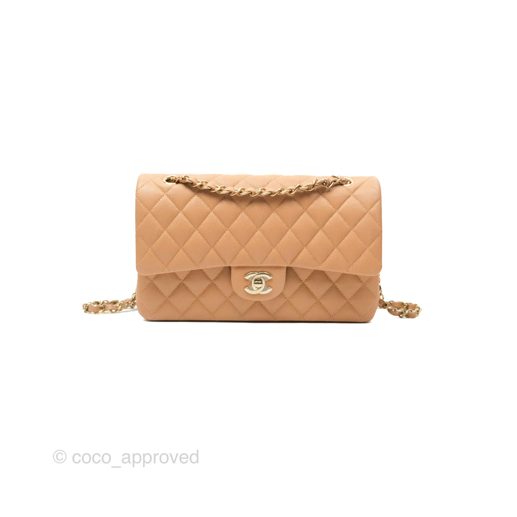 Chanel Classic M/L Medium Flap Quilted Beige Caviar Gold Hardware