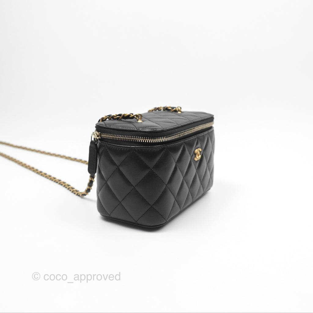 Chanel Pearl Crush Vanity With Chain Black Lambskin Aged Gold Hardware