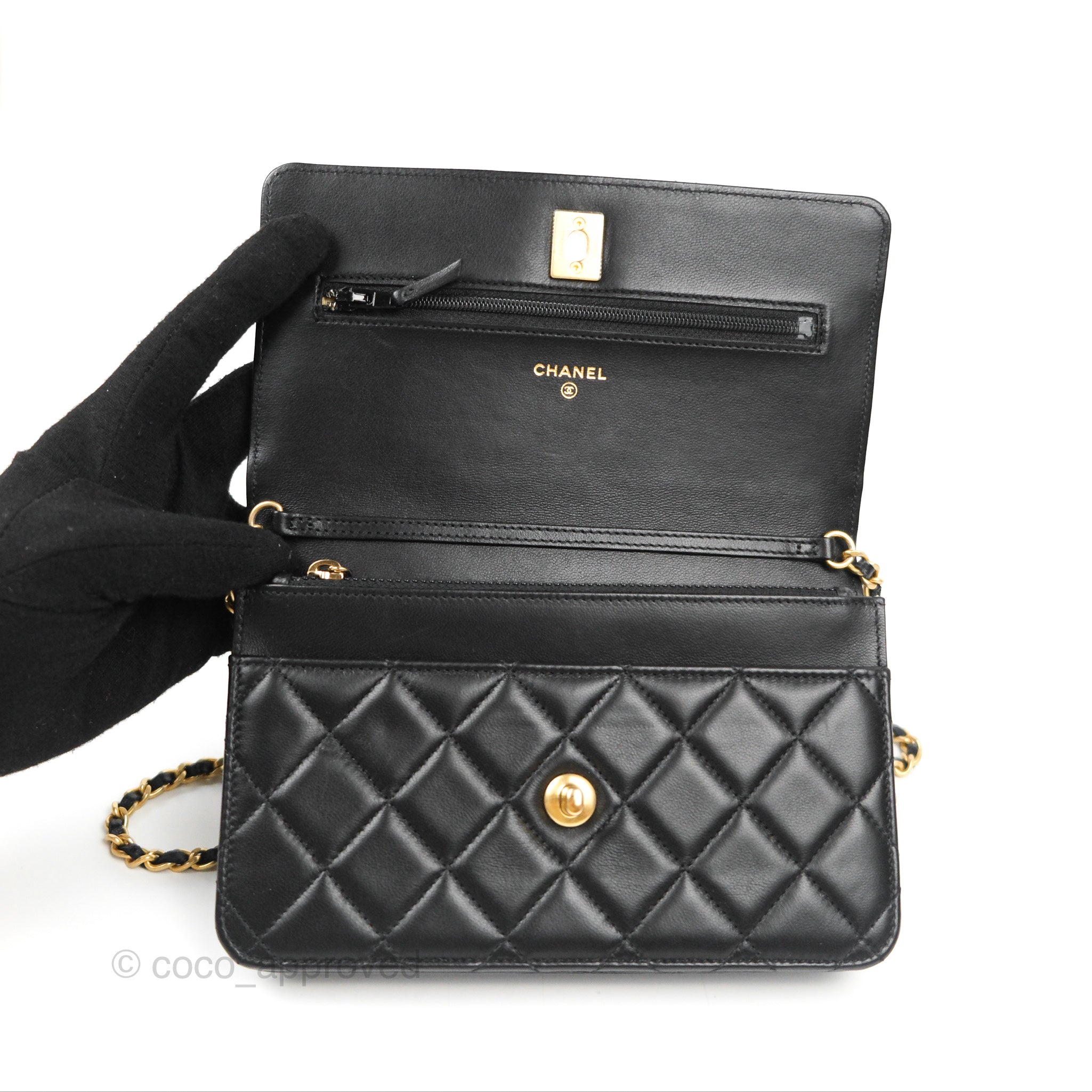 Chanel Quilted Top Handle Wallet on Chain WOC Black Lambskin Gold Hard – Coco  Approved Studio