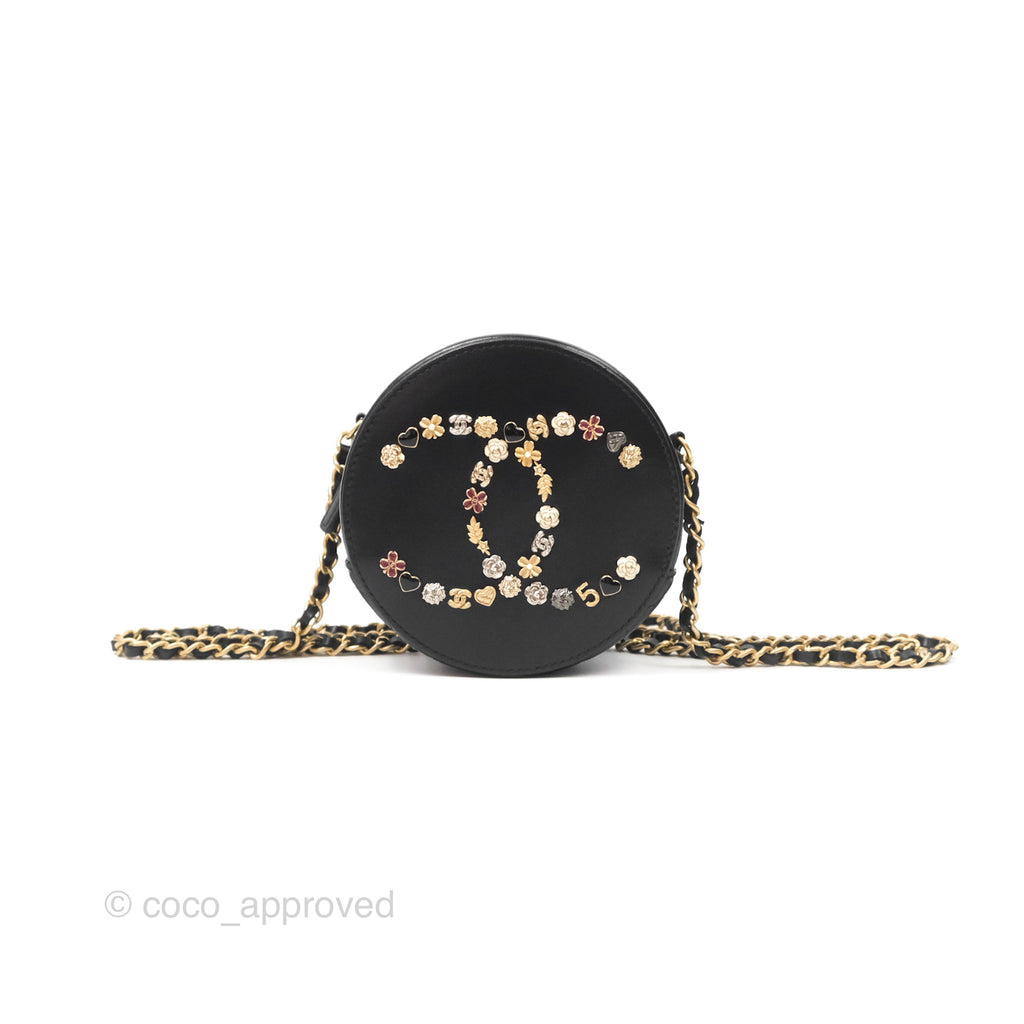 Chanel Studded CC Round Clutch With Chain Black Lambskin Gold Hardware