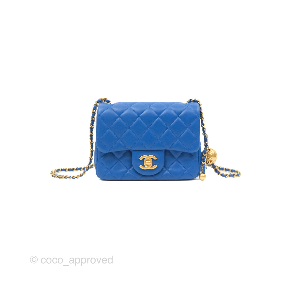 Chanel Pearl Crush Mini Square Quilted Blue Lambskin Aged Gold Hardware