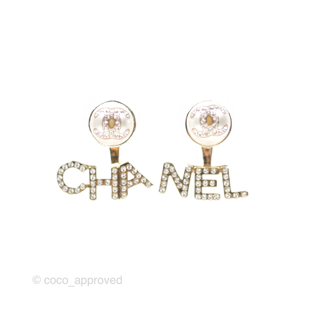 Chanel CC Pearl Rhinestone Earrings Gold Tone 21A