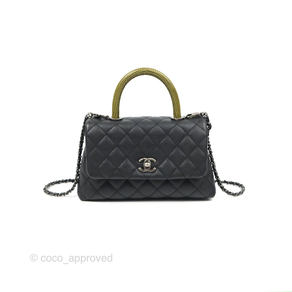 Chanel Small Coco Handle Quilted Black Caviar Ruthenium Hardware Olive Lizard Handle
