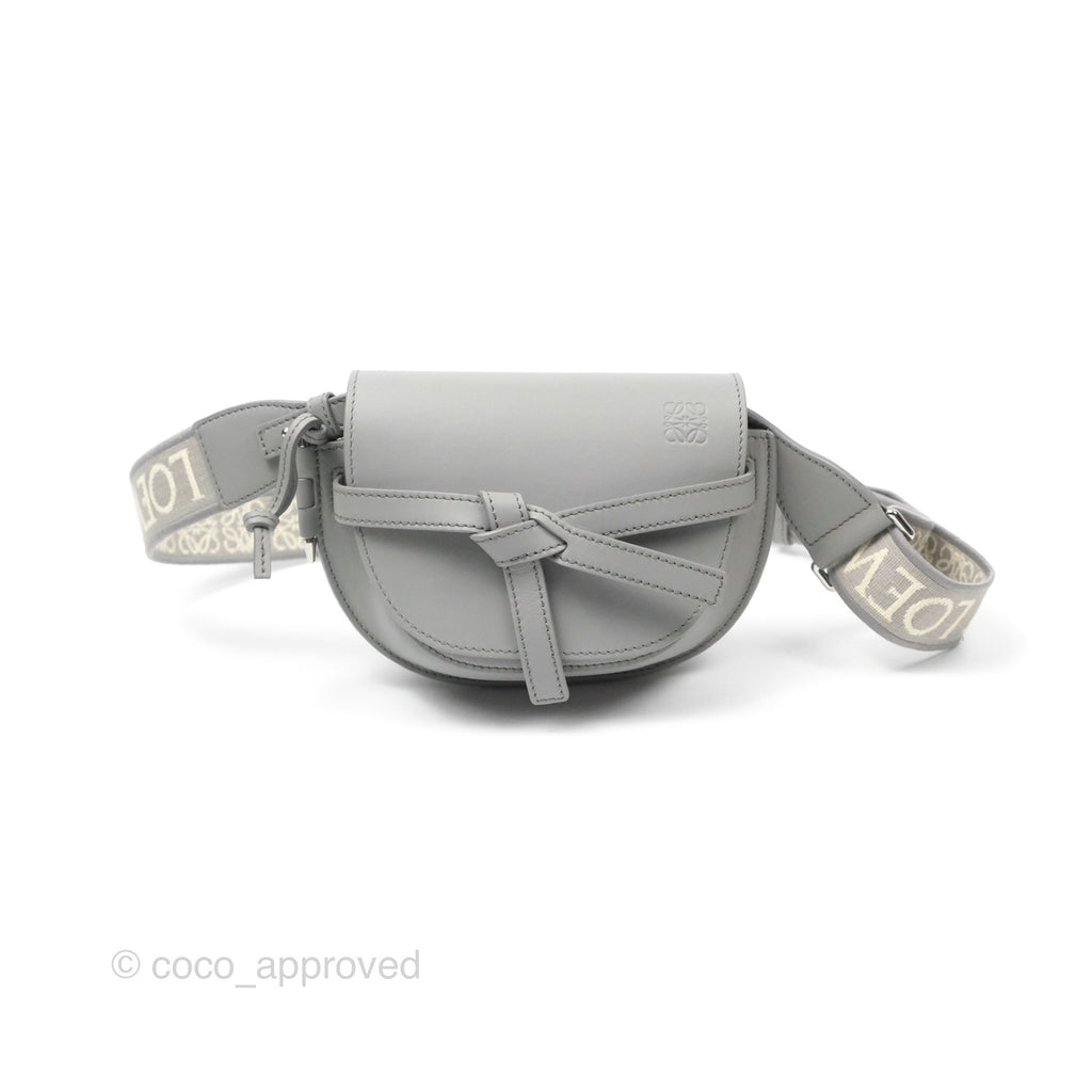 Loewe Mini Gate Dual Bag in Soft Calfskin & Jacquard Strap Light Grey